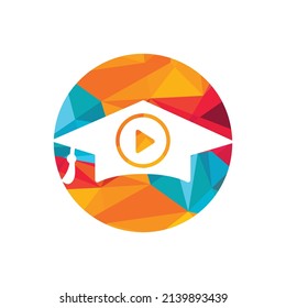 Bildungs-Vektorgrafik-Logo-Design-Vorlage für Videounterricht. Logo für Medienbildung Graduationskappe mit Symbol für den Spielknopf.	