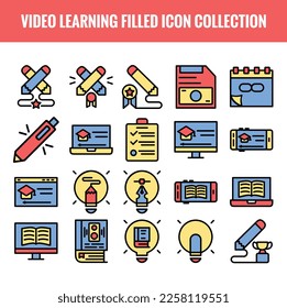 Video Learning Filled Icon collection, Online education, Video tutorials icons Professional training, online Knowledge and book Vector Solid Icons. e-learning and education web icons - vector
