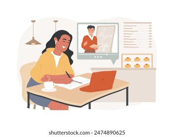 Video lecture isolated cartoon vector illustrations. Smiling young girl studying in cafe, making notes, watching recorded classes, online education, distance learning vector cartoon.
