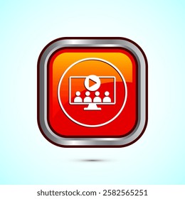 Video lectures icon design illustration, Video conference icon, Online seminar sign, Orange color square button design