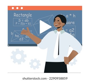 Video lesson concept. Man stands at blackboard with geometric formulas. Teacher conducts lecture or webinar on Internet. Distance education and learning. Cartoon flat vector illustration