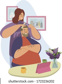 Video lesson home haircut flat vector illustration. Girl, woman makes a haircut man, boy watching video instruction on tablet. Quarantine isolation during a virus, coronavirus pandemic concept.