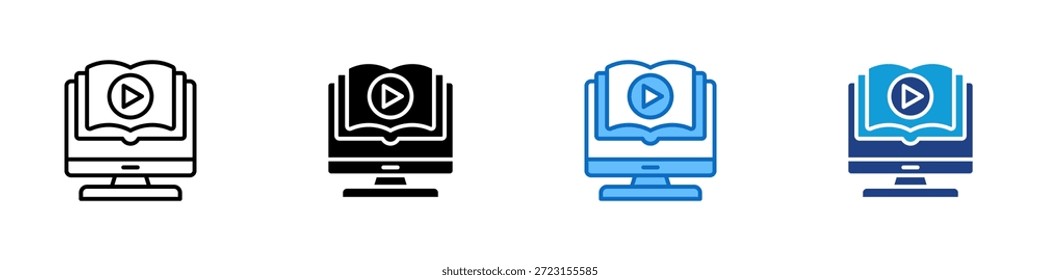 Video Lesson Multiple Style Icon Design Vector - Buch mit Play-Taste über Monitor, der aufgezeichnete Lektionen, Tutorials und digitale Lerninhalte darstellt