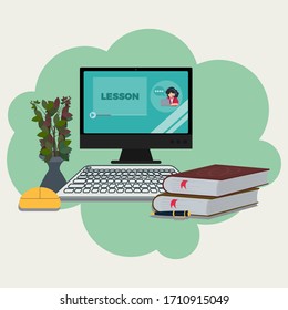 Video lesson on screen with operator. E learning with video concept