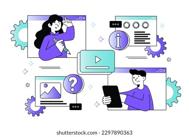Video lesson waist-height concept with people scene in the flat cartoon style. Students are watching video lessons to acquire good education. Vector illustration.
