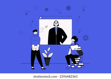 Video lesson web concept with character scene in flat design. People learning online and listening teacher at webinar at educational platform. Vector illustration for social media marketing material.