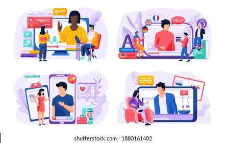 Video lessons on the computer. Video recording of educational blog. The teacher leads a lesson in foreign language and mathematics. Couple watching movies. Online consultation with doctor scenes set