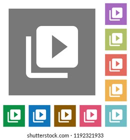 Video library flat icons on simple color square backgrounds