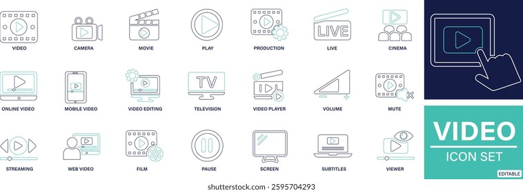 Video line art icon set. camera, play, pause, media, online video, live, production, player, You can easily change the color.