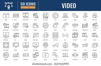 Video line editable icon set. Containing camera, play, pause, media, online video, live, production, player, movie, cinema and more. Vector Illustration