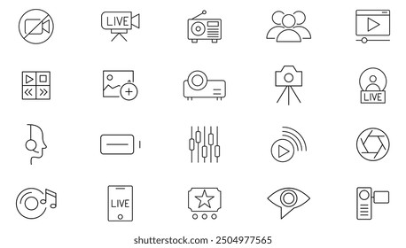 Video line icon collection. Audio, video, vlog, movie, motion, screen, media, videography, content, multimedia and player icon set. UI outline icons pack