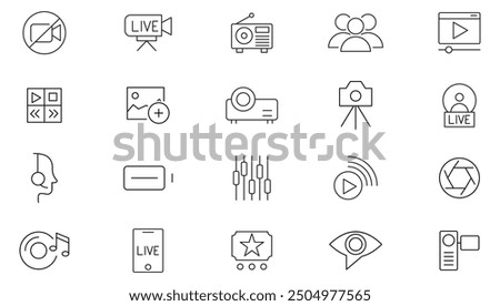 Video line icon collection. Audio, video, vlog, movie, motion, screen, media, videography, content, multimedia and player icon set. UI outline icons pack