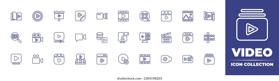 Video line icon collection. Editable stroke. Vector illustration. Containing video, play button, presentation, edit, camera, cinema reel, play, film, player, video call, video chat.