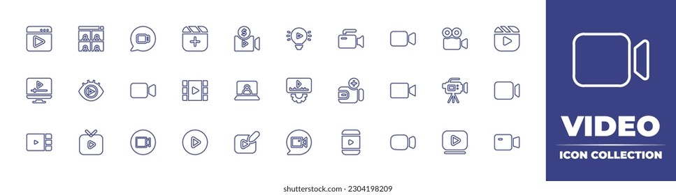 Colección de iconos de línea de vídeo. Trazo editable. Ilustración vectorial. Consta de navegador, videoconferencia, cámara, clapperboard, pay, idea, videocámara, cámara de video, pantalla, ojo, reproductor multimedia.