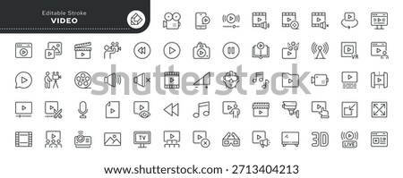 Video line icon set. Camera, player, film, cinema, clip, track, sound, play, filming, recording, shooting, cameraman, videographer, commercial, clip. Outline icon in linear style. Vector collection.	
