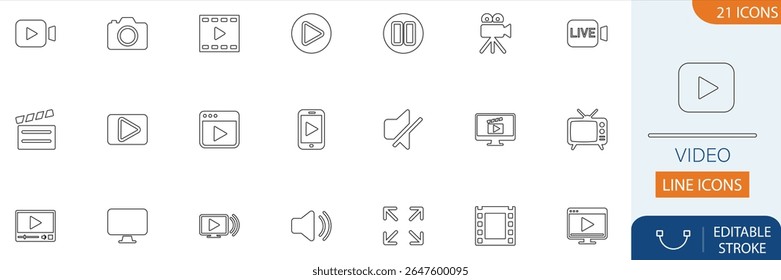 Conjunto de ícones da linha de vídeo. Inclui mídia, reprodução, pausa, câmera, filme, filme, stream, tela, mudo, volume, ao vivo, editar, Tela inteira e muito mais. Coleção de ícones do Solid.