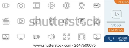 Video line icon set. Includes media, play, pause, camera, film, movie, stream, screen, mute, volume, live, edit, Fullscreen, and more. Solid icon collection.