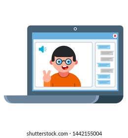 video link with a friend. online conversation with a man. flat illustration of laptop. chat communication. vector flat image.