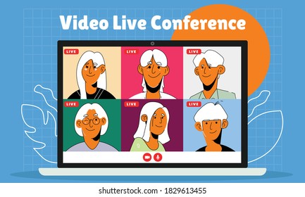 Video live conference concept vector flat illustration. People on screen doing online class or meeting work from home