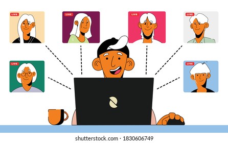 Video live conference concept vector flat illustration. Boy doing online video conference class or meeting work from home