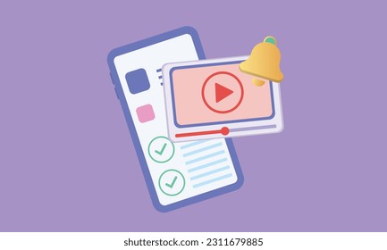 video live streaming and bell alert notification on mobile phone. Social media online playing video for make money passive income concept.