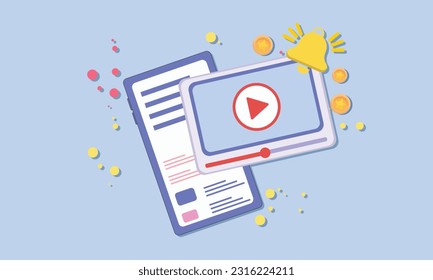 Aviso de transmisión en vivo de video y alerta de timbre en el teléfono móvil. Medios sociales en línea jugando video para hacer dinero concepto de ingresos pasivos.
