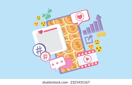 Aviso de transmisión en vivo de video y alerta de timbre en el teléfono móvil. Medios sociales en línea jugando video para hacer dinero concepto de ingresos pasivos. vector sobre fondo azul