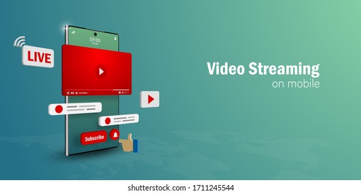 Video Live Streaming Concept, Watch and Live a video streaming on smartphone with social media, Web banner with copy space