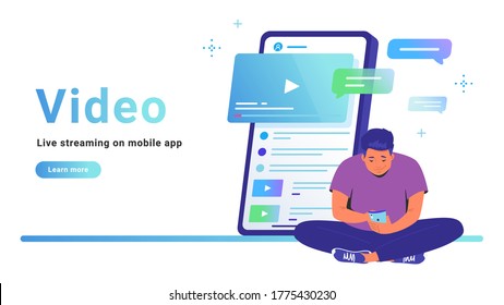 Video and live streaming on mobile app. Flat line vector illustration of cute man sitting alone in lotus pose and watching video online. Smartphone with comments on white background