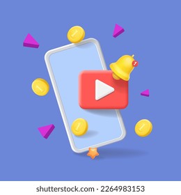 Video live streaming on mobile phone. Bell notification and online video. Social media and make money passive income. Smartphone, vlog icon, video content monetization 3d concept.