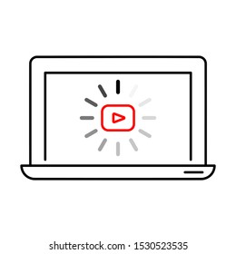 Video loading on laptop icon. Outline thin line illustration. Isolated on white background. 
