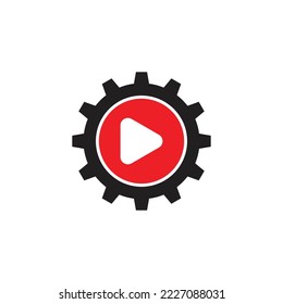 video machine logo template design vector. combination of engine and main gear, simple flat vector design. suitable for machine business, educational content, etc.