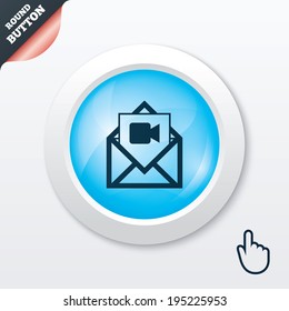 Video mail icon. Video camera symbol. Message sign. Blue shiny button. Modern UI website button with hand cursor pointer. Vector