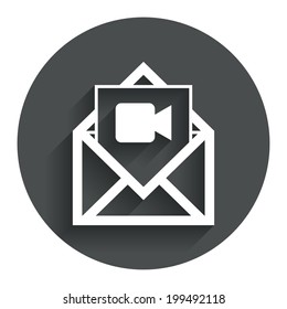 Video mail icon. Video camera symbol. Message sign. Circle flat button with shadow. Modern UI website navigation. Vector