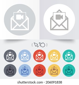 Video mail icon. Video camera symbol. Message sign. Round 12 circle buttons. Shadow. Hand cursor pointer. Vector