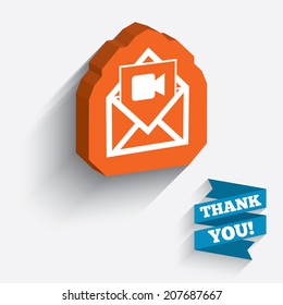 Video mail icon. Video camera symbol. Message sign. White icon on orange 3D piece of wall. Carved in stone with long flat shadow. Vector