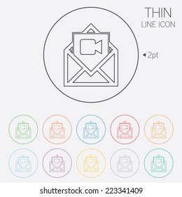 Video mail icon. Video camera symbol. Message sign. Thin line circle web icons with outline. Vector