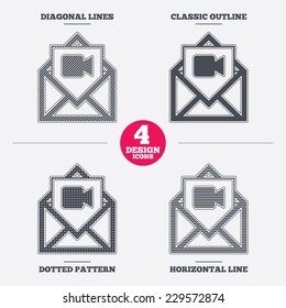 Video mail icon. Video camera symbol. Message sign. Diagonal and horizontal lines, classic outline, dotted texture. Pattern design icons.  Vector