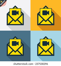 Video mail icon. Video camera symbol. Message sign. Four squares. Colored Flat design buttons. Vector