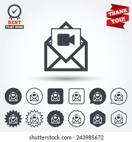 Video mail icon. Video camera symbol. Message sign. Circle, star, speech bubble and square buttons. Award medal with check mark. Thank you. Vector