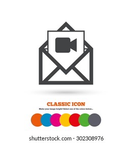 Video mail icon. Video camera symbol. Message sign. Classic flat icon. Colored circles. Vector