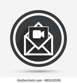Video mail icon. Video camera symbol. Message sign. Circle flat button with shadow and border. Vector