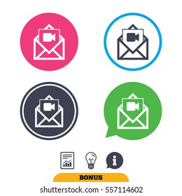 Video mail icon. Video camera symbol. Message sign. Report document, information sign and light bulb icons. Vector