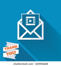 Video mail icon. Video frame symbol. Message sign. White flat icon with long shadow. Paper ribbon label with Thank you text. Vector