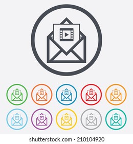 Video mail icon. Video frame symbol. Message sign. Round circle buttons with frame. Vector