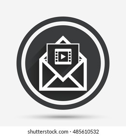 Video mail icon. Video frame symbol. Message sign. Circle flat button with shadow and border. Vector