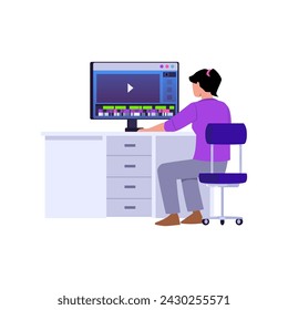 Video maker or editor at work in front of computer screen, flat vector illustration isolated on white background. Motion designer or animator working on a video clip.