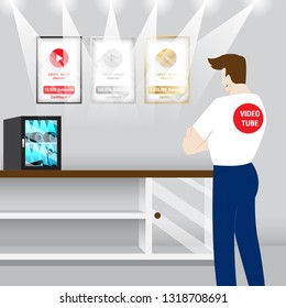 Video Maker watch his trophy subscribe from video web. vector illustration