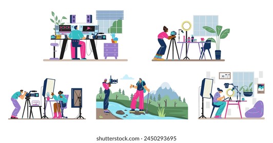 Video makers and editors, motion designers and animators during filmmaking, set of flat vector illustrations isolated on white background. Video studio service banners.