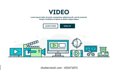 Video making, colorful concept header, flat design thin line style, vector illustration